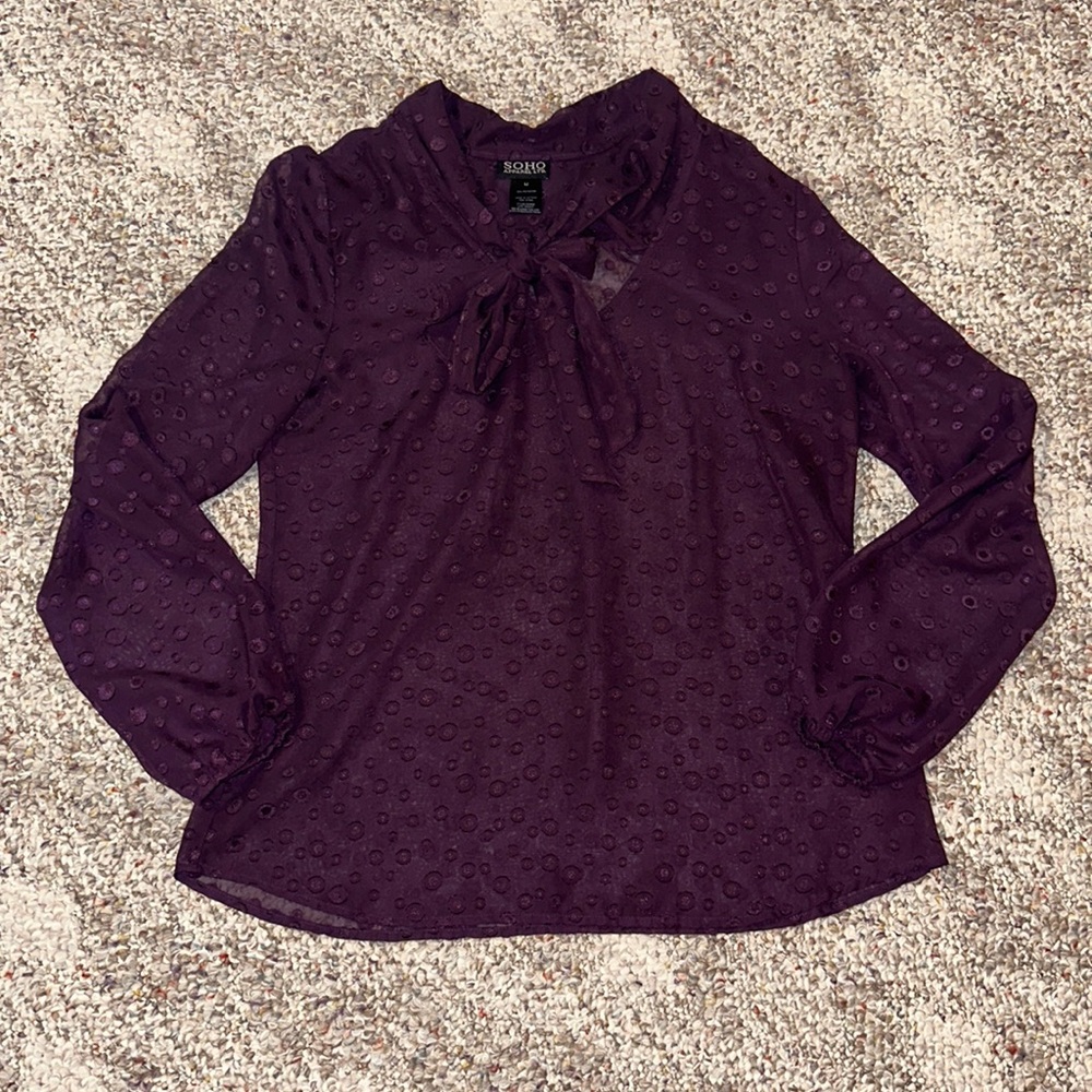 Soho size medium, maroon polyester blouse, sheer, with bow neckline